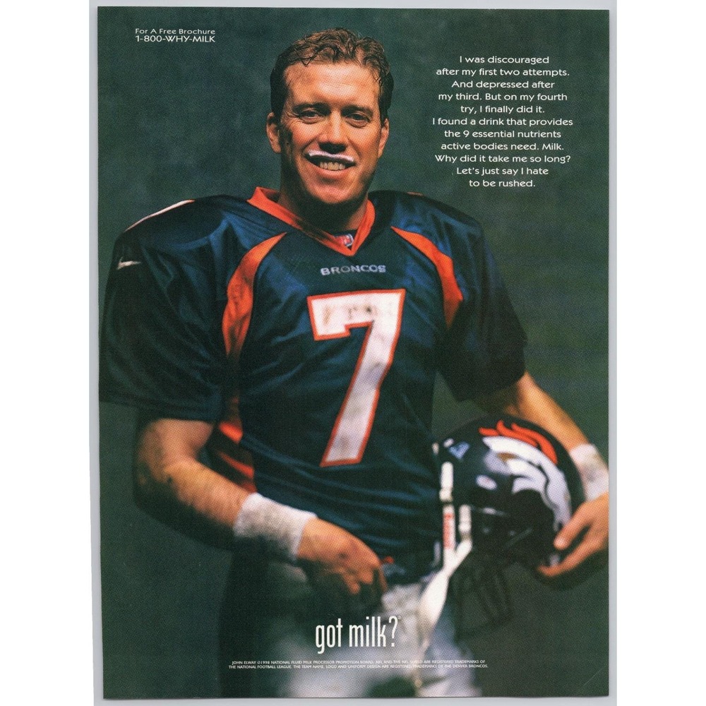 John Elway Denver Broncos Quarterback Got Milk Campaign Vintage Print Ad 1998